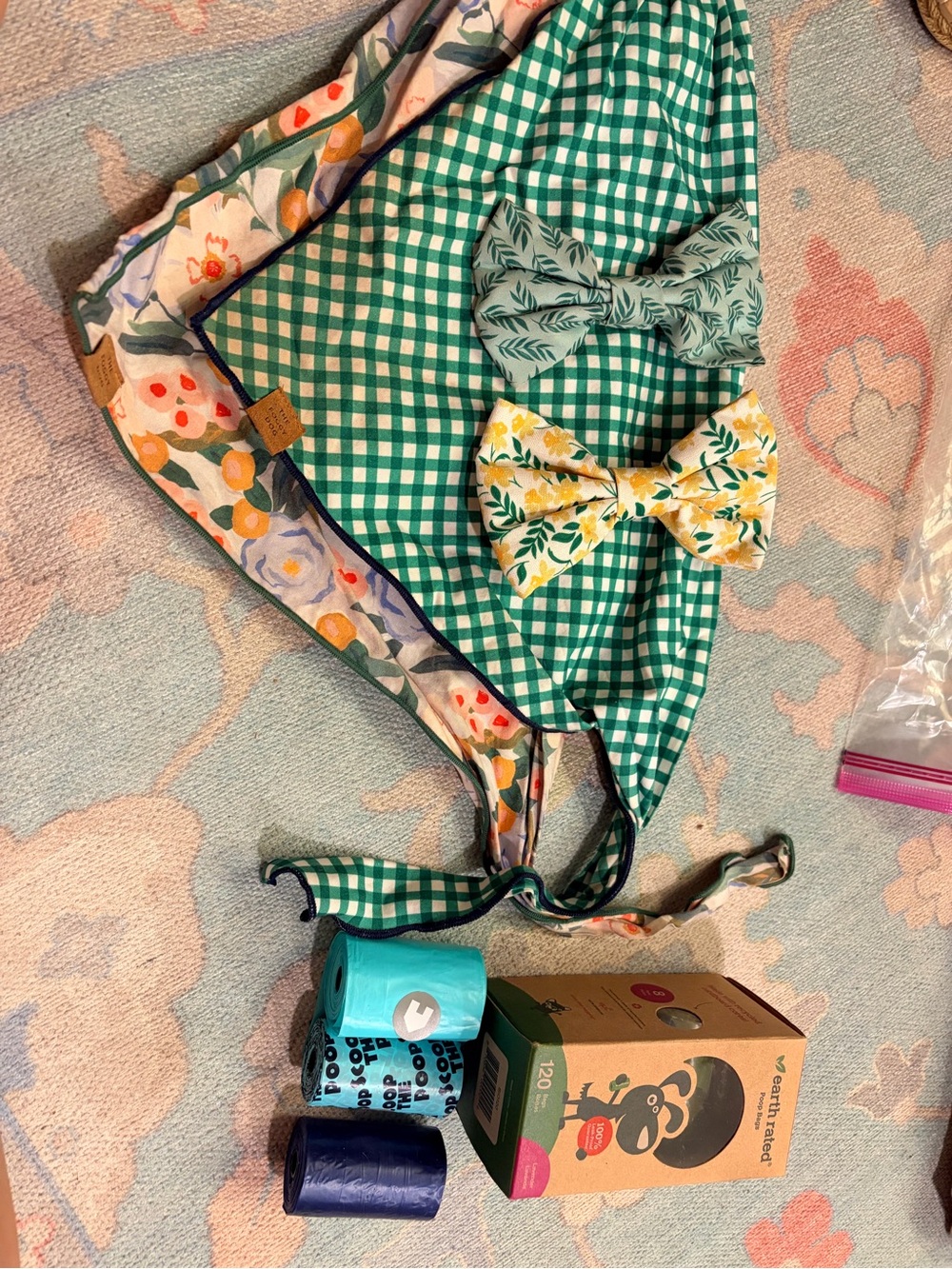 The Foggy Dog Green Gingham Bandana with Floral Trim and Two Bowties